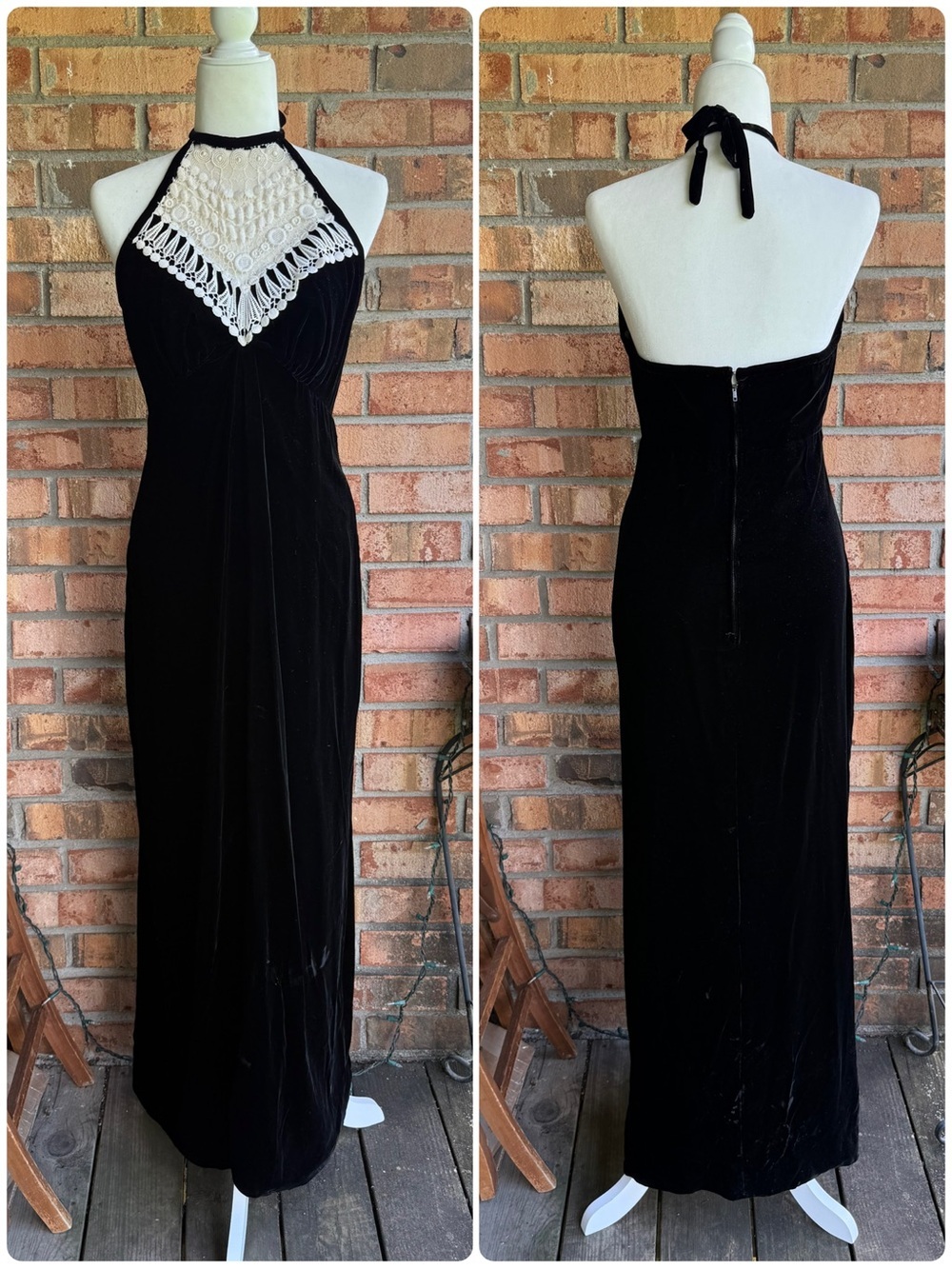 Vintage 60s/70s Black Velvet Halter Maxi Dress with Ivory Crochet Bib